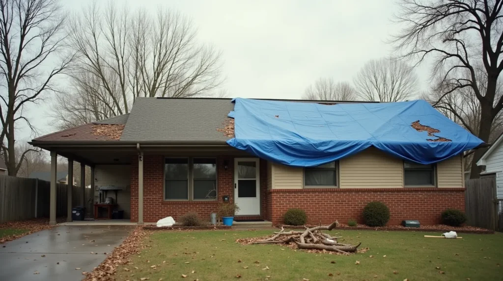 A storm-damaged house with a blue tarp over roof damage and wind debris in the yard