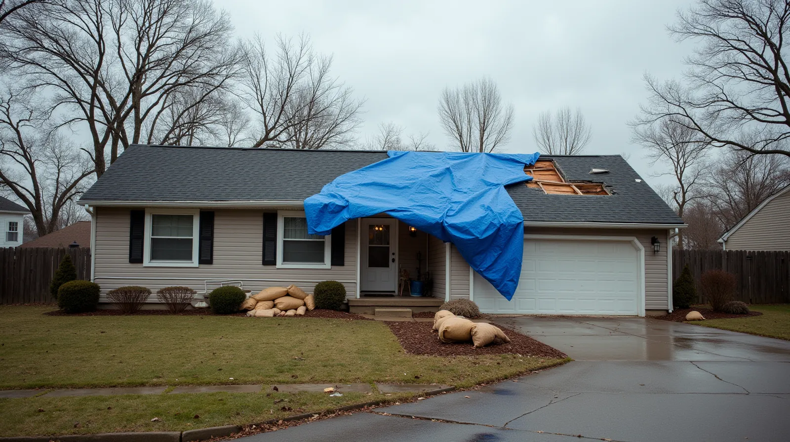 Ranch-style house with blue tarp covering storm-damaged roof section and debris scattered across the driveway