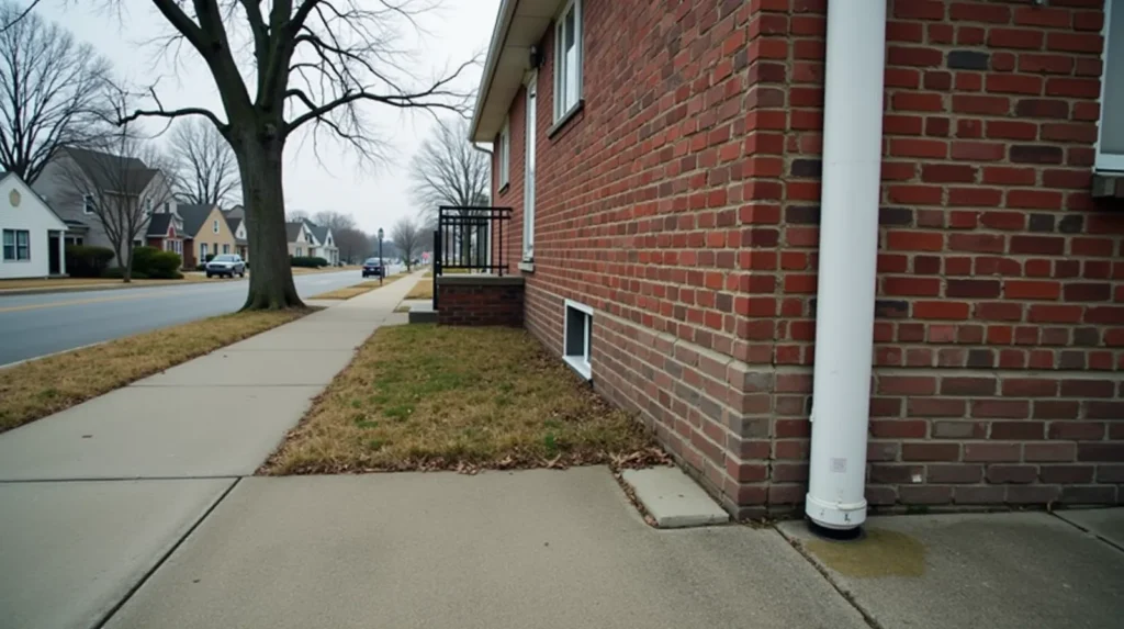 1960s brick colonial home with white heating oil fill pipe and black vent pipe visible at the garage foundation, northeastern US residential street