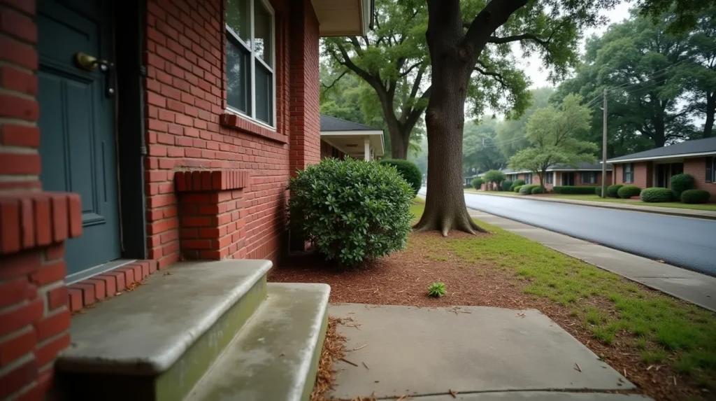 Red-brick bungalow on a quiet Augusta, Georgia street, loblolly pines casting morning shade on a worn concrete stoop