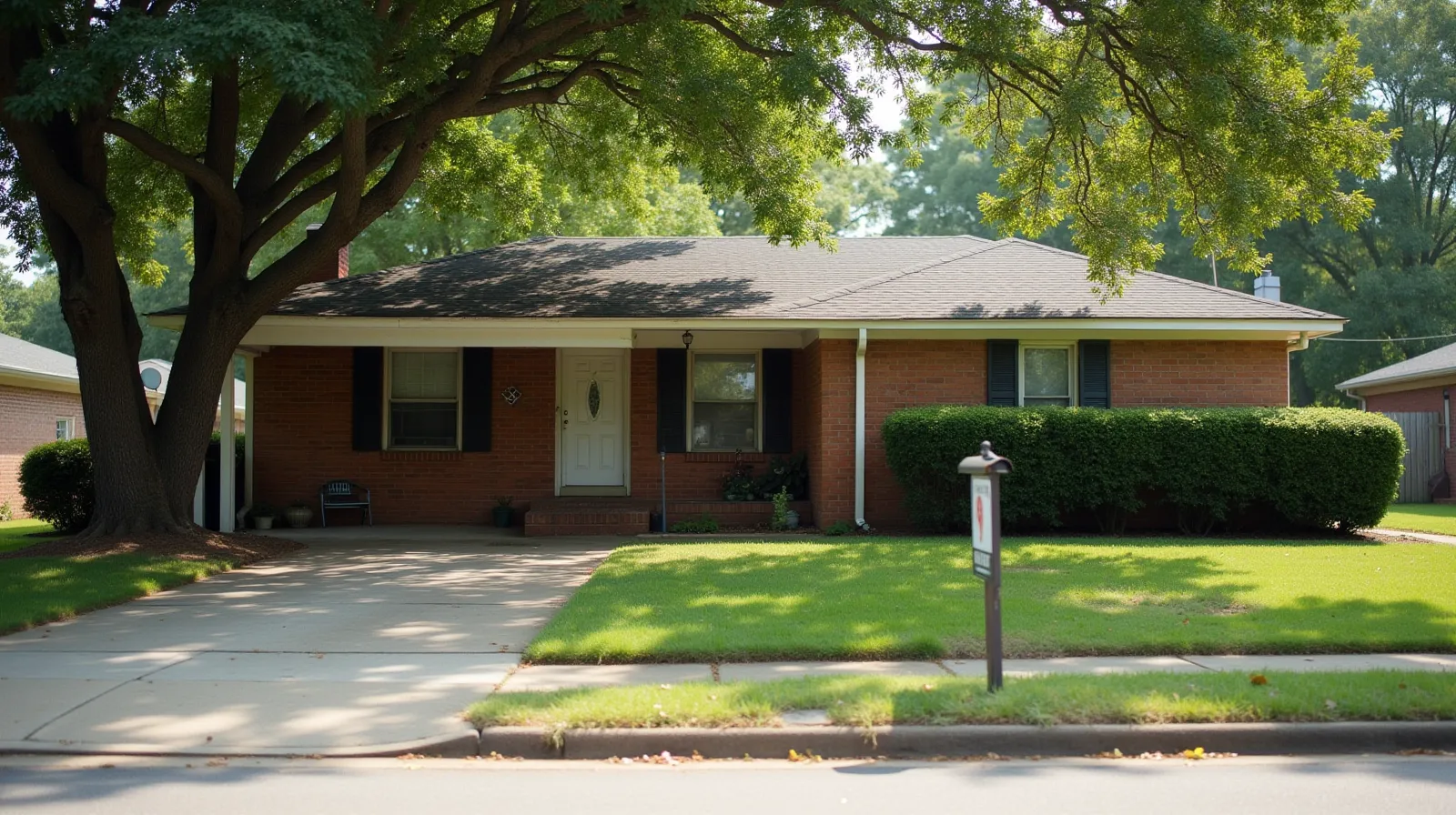 1960s brick ranch house on a quiet North Alabama street, live oak casting summer shade across the driveway