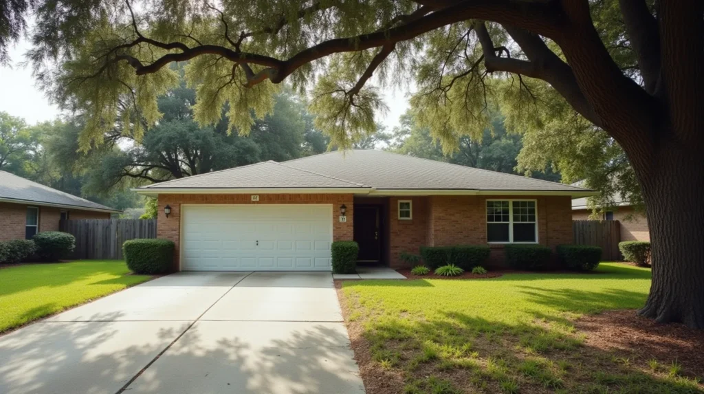 1960s concrete block house in Lakeland Florida with live oak tree and cracked driveway