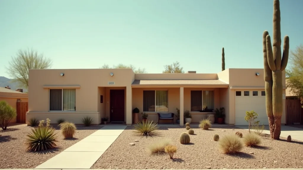 Ranch-style stucco house in Mesa, Arizona with desert landscaping and Superstition Mountains in the background