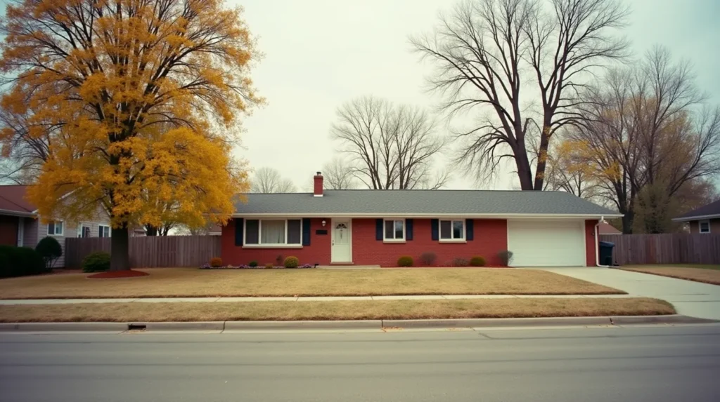 1960s brick ranch house on a wide Omaha street with elm trees turning yellow in late September