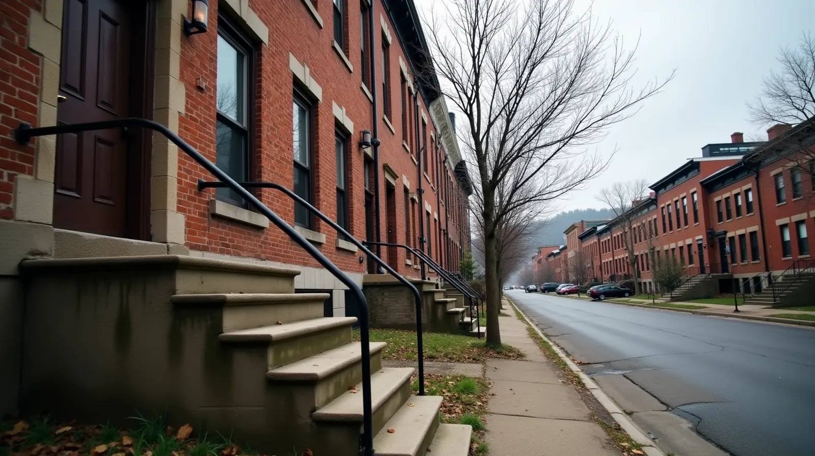 Weathered brick Pittsburgh row house on a steep residential street with concrete stoop and iron railing
