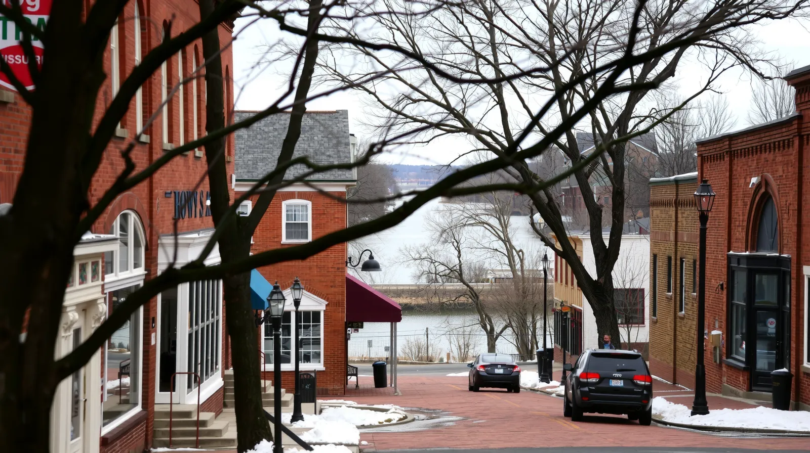 Historic brick building on Main Street in St. Charles Missouri with the Missouri River visible through bare winter trees