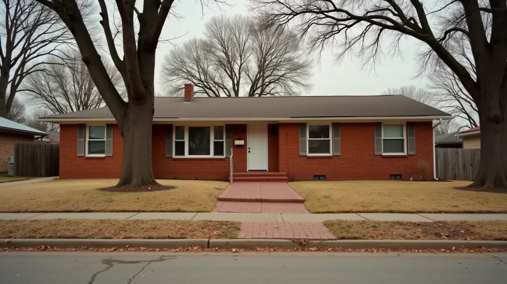 1960s brick ranch house on a North Tulsa residential street with red clay soil and post oak trees