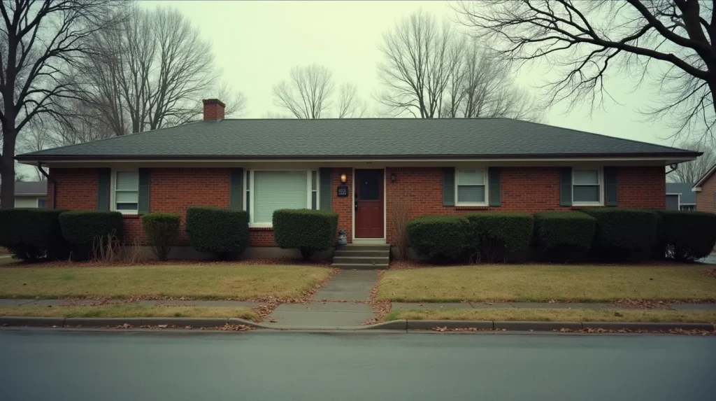 Vacant brick ranch house with overgrown lawn and closed blinds on a quiet residential street