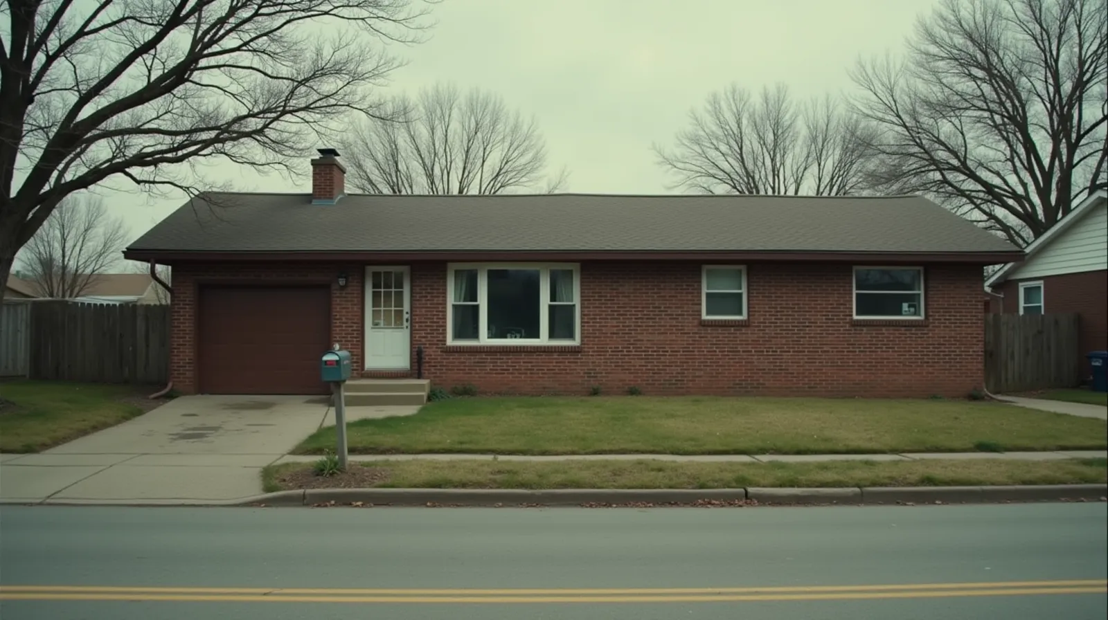 Vacant brick ranch house on a quiet residential street with empty mailbox and slightly overgrown lawn