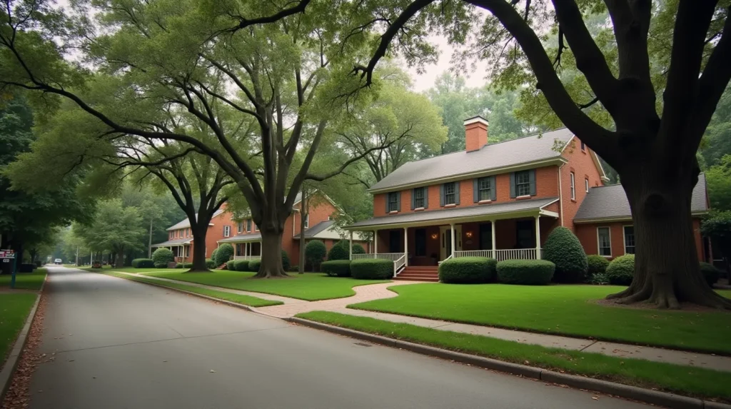 Two-story brick colonial house on a tree-lined suburban street with mature oak trees, representing a home held in a trust
