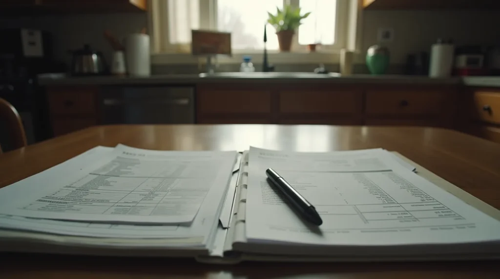 Kitchen table with open folder of bills and a pen, morning light through a window of a modest home