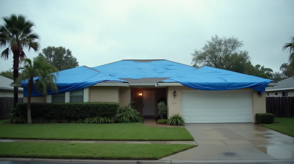 Single-story home with blue tarp covering storm-damaged roof shingles after hurricane, overcast sky and palm tree in background