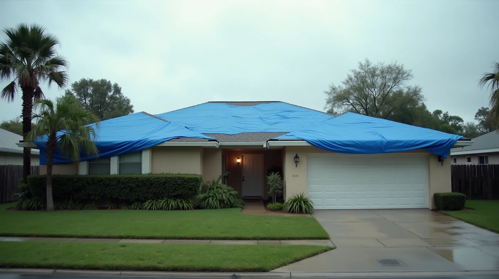 Single-story home with blue tarp covering storm-damaged roof shingles after hurricane, overcast sky and palm tree in background