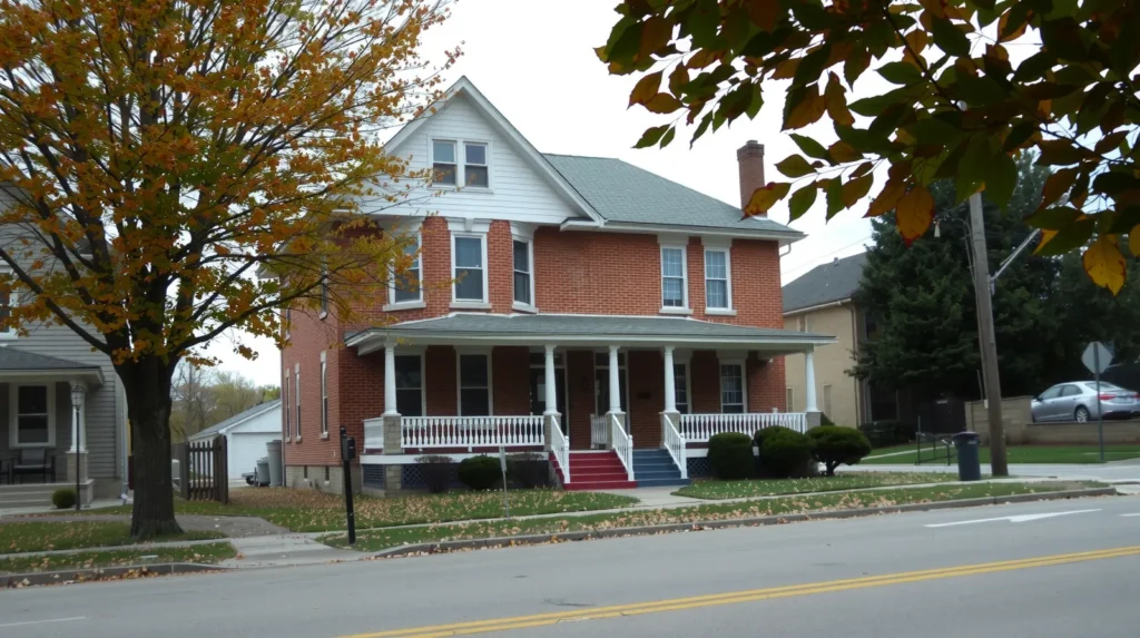 1920s brick two-family home with front porch on a Midwestern residential street in autumn