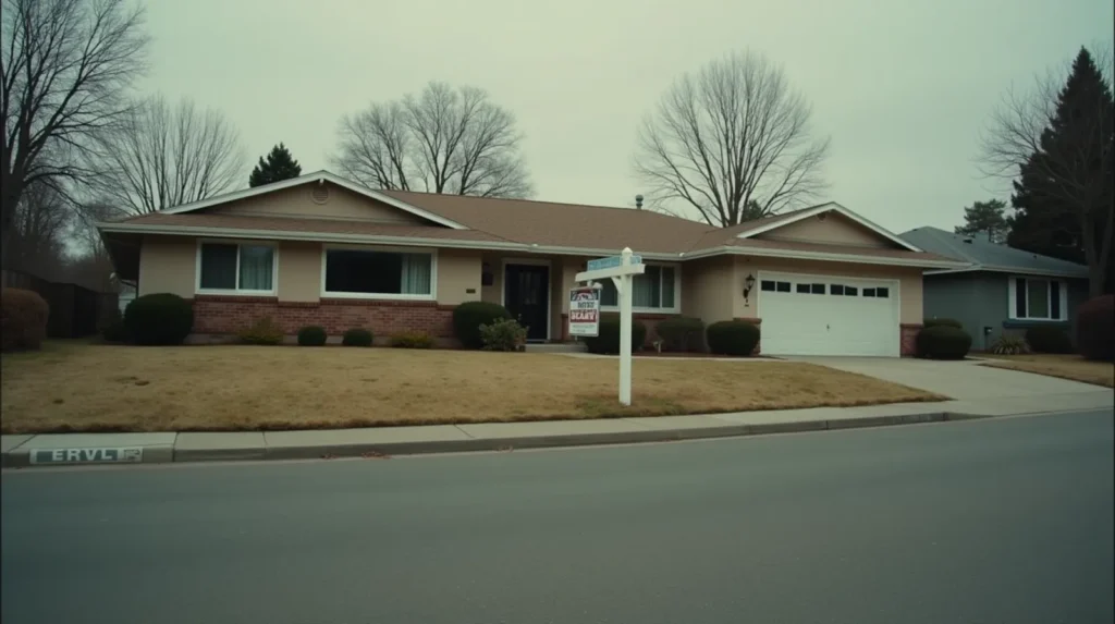 Ranch house with for-sale sign in front yard after divorce settlement