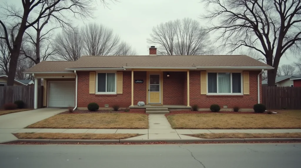 Vacant single-story brick ranch house with weathered trim and worn roof shingles on an overcast day
