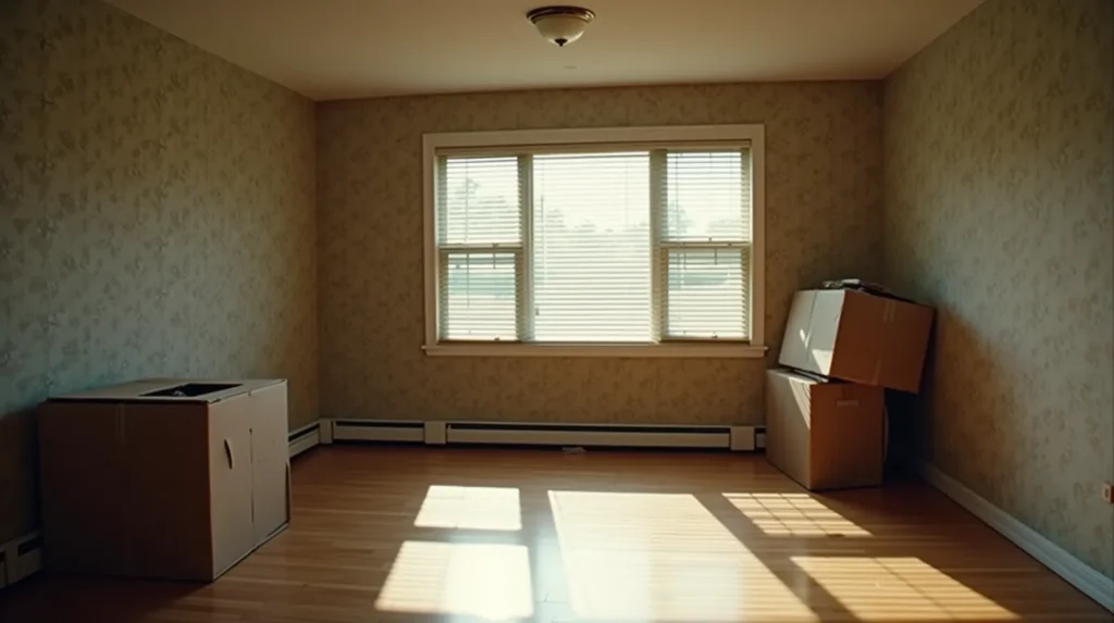 Vacant living room of an older ranch house with cardboard boxes and afternoon light through venetian blinds