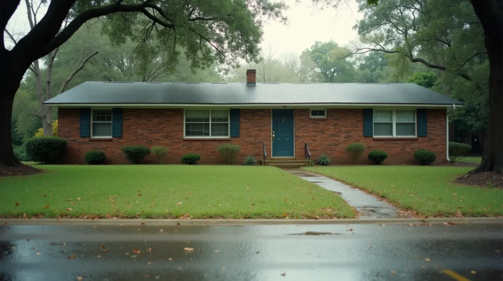 Brick ranch house with high-water stain on the foundation and waterlogged lawn after flooding