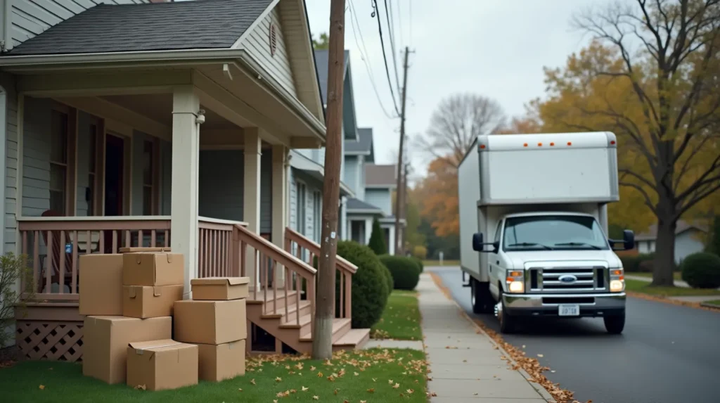 Suburban house with moving boxes stacked near the front porch and a moving truck in the driveway