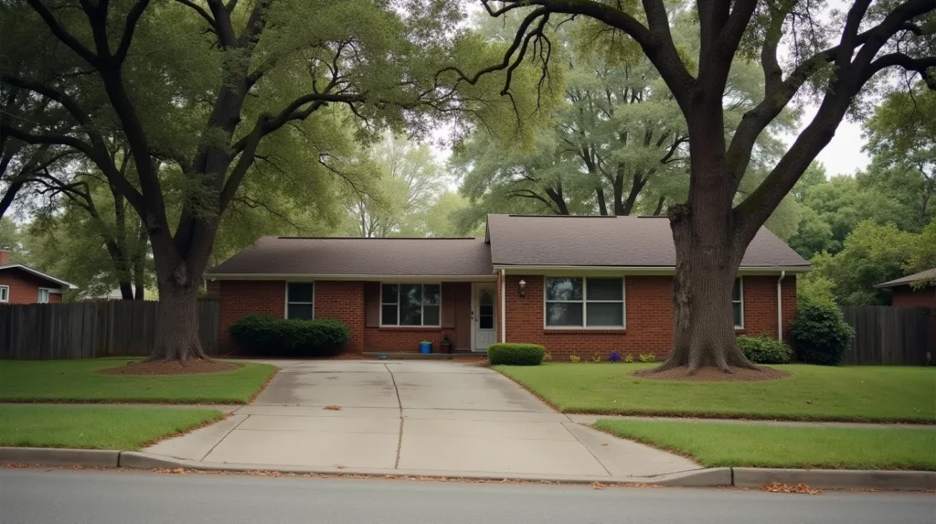 Vacant 1960s brick ranch house on a quiet residential street with mature oak trees and an empty driveway