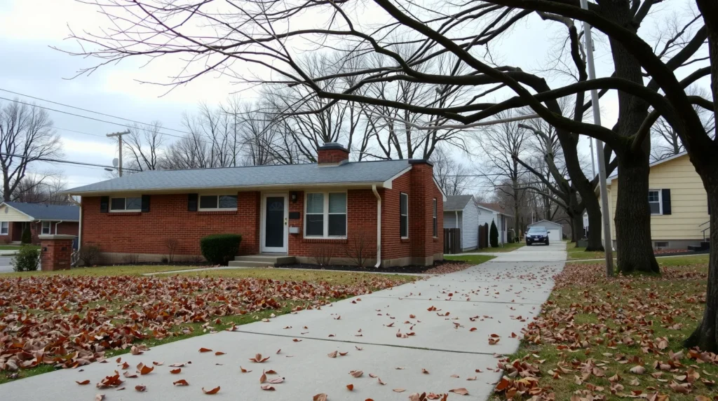 Modest brick ranch house on a quiet Nashville residential street, overcast morning light with fallen leaves on the driveway