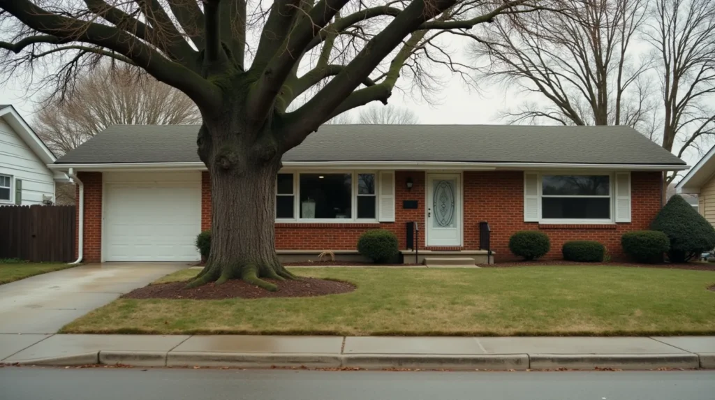 Exterior of a 1960s brick ranch house on a suburban street, the type of home most likely to have branch-circuit aluminum wiring