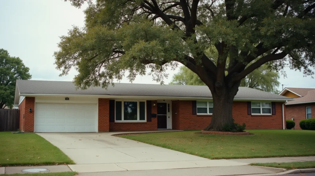 1960s brick ranch house with aluminum casement windows and mature oak tree casting afternoon shadow on concrete driveway
