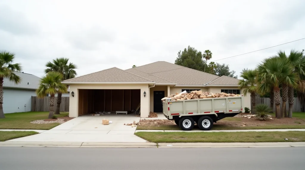 A vacant early-2000s Florida stucco house with a construction dumpster in the driveway filled with drywall debris, suggesting full interior remediation work
