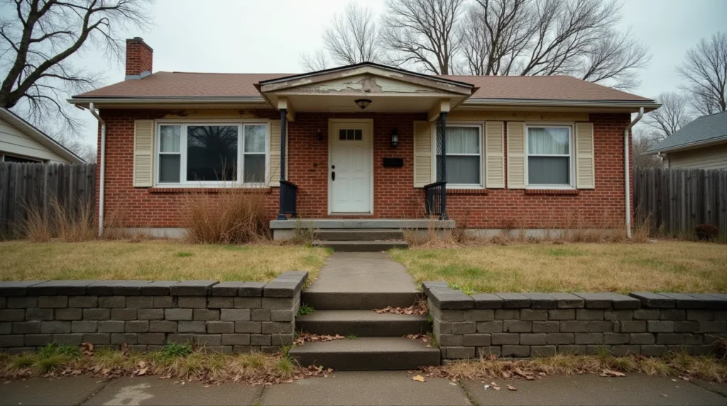 Neglected brick ranch house with overgrown lawn, peeling paint, and broken fence — typical property with code enforcement violations