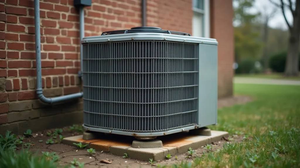 Weathered residential HVAC condenser unit on a cracked concrete pad beside a brick house, refrigerant lines in aged foam insulation, overgrown grass, Nashville suburb