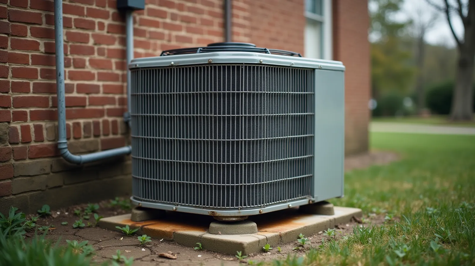 Weathered residential HVAC condenser unit on a cracked concrete pad beside a brick house, refrigerant lines in aged foam insulation, overgrown grass, Nashville suburb