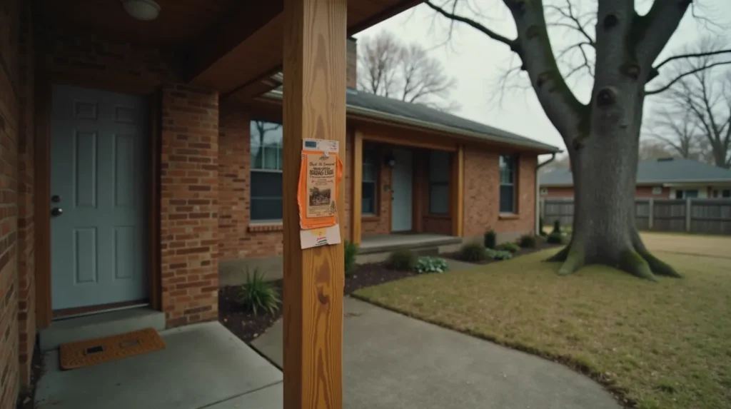 Exterior of a 1960s brick ranch house in a Nashville suburb with weathered trim and a permit sleeve near the front door