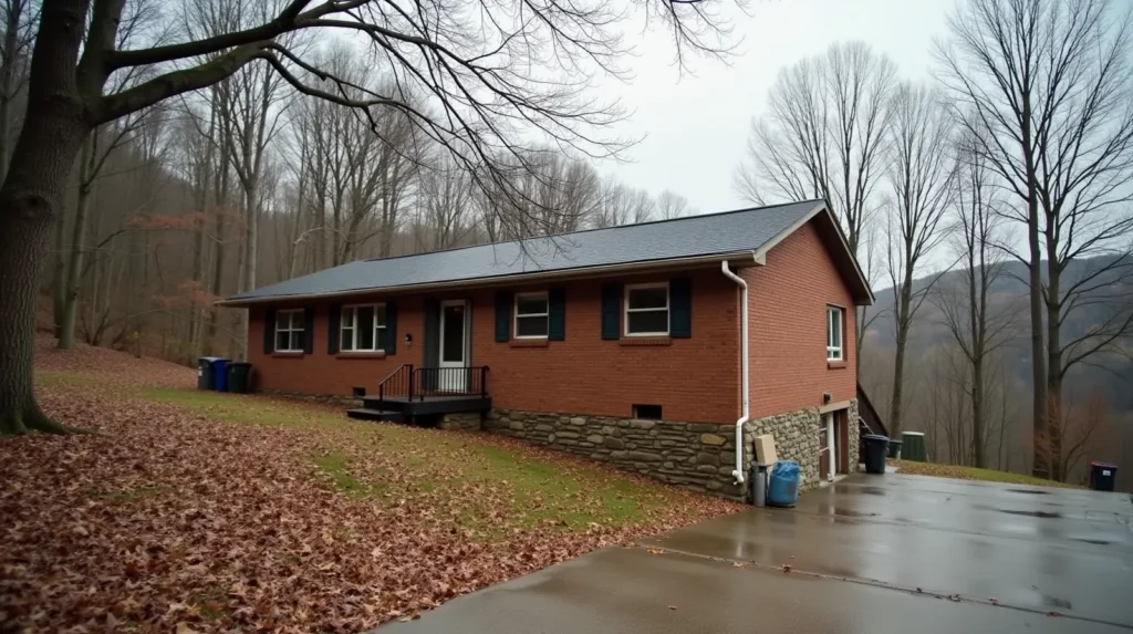 Brick ranch house on a hillside in East Tennessee with a radon mitigation pipe on the exterior foundation wall, autumn trees, overcast light
