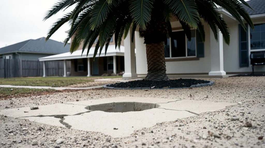 Single-story Florida ranch house with ground depression and cracked concrete near the foundation