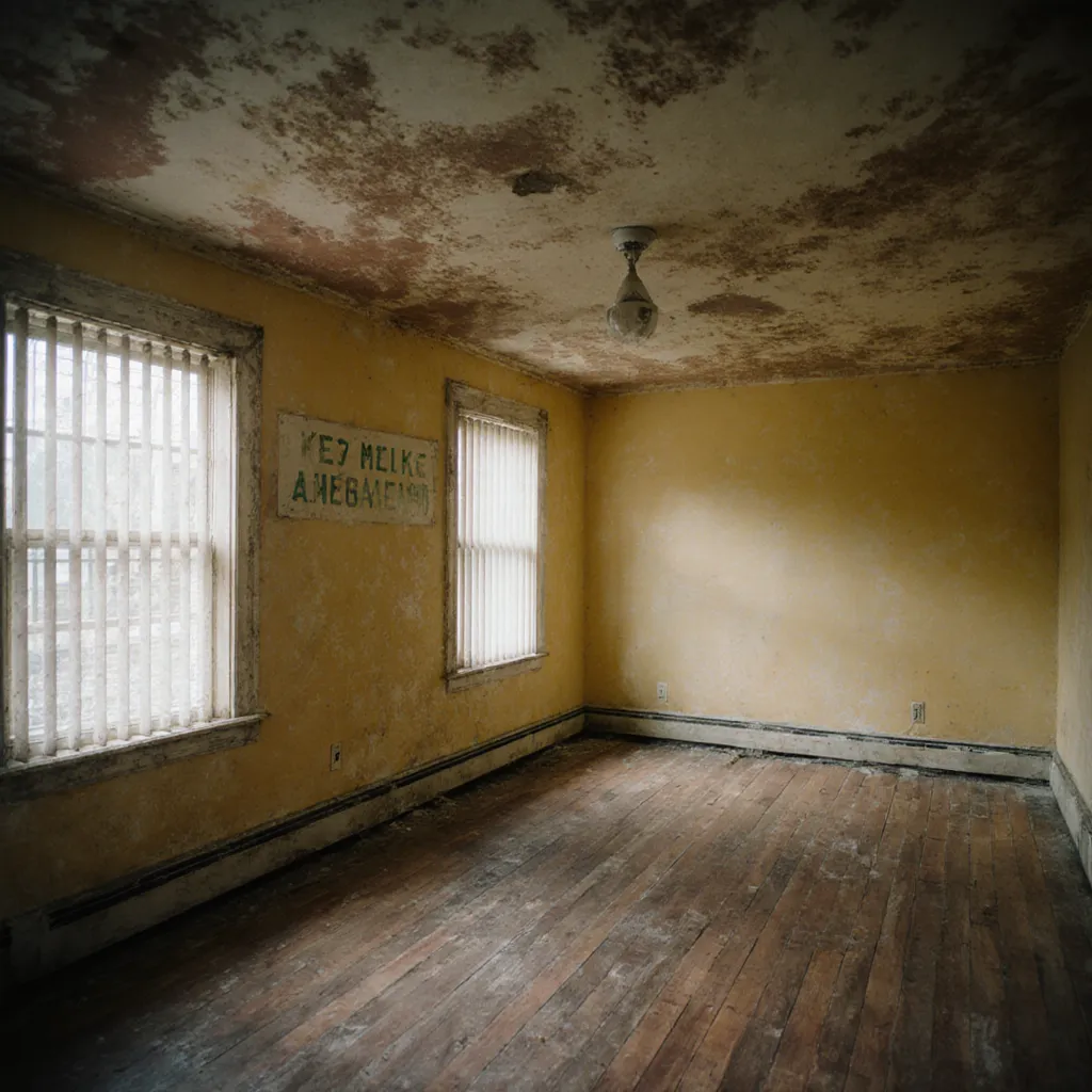 Empty residential living room with yellowed walls and tobacco-stained ceiling showing decades of smoke discoloration