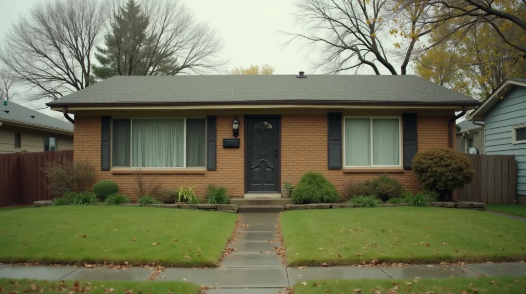 Single-story suburban house with overgrown lawn and new deadbolt on front door