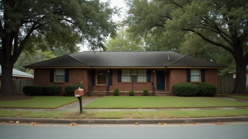 1960s brick ranch house in a Birmingham Alabama neighborhood under live oak shade