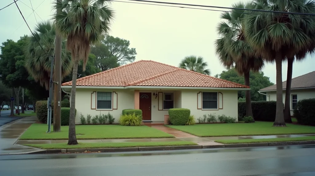 Modest stucco ranch house on a palm-lined residential street in Clearwater, Florida