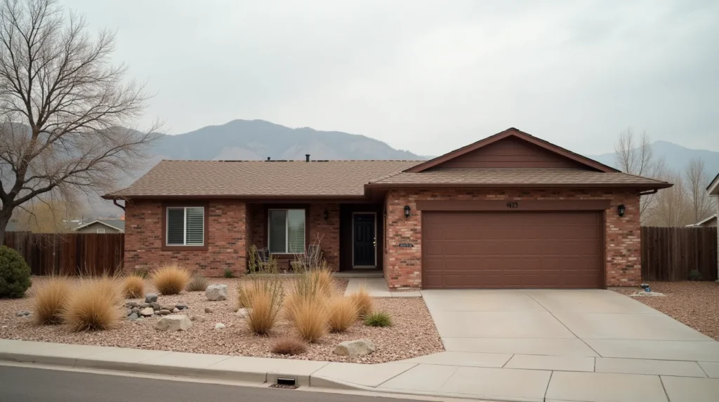 Ranch-style brick house in Colorado Springs with dry xeriscape front yard and Rocky Mountain foothills in the background