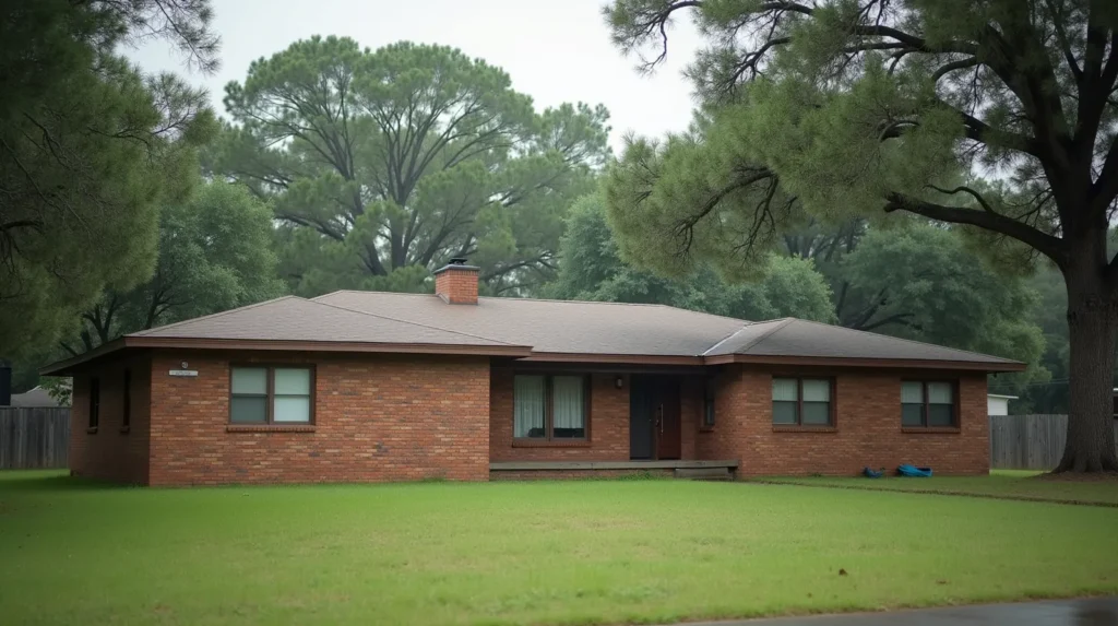 Modest 1960s brick ranch house with loblolly pine trees in Montgomery County Texas