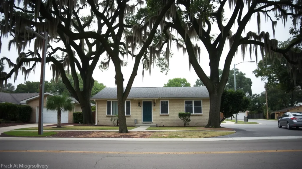 Concrete block ranch house in Gainesville Florida with live oaks and Spanish moss