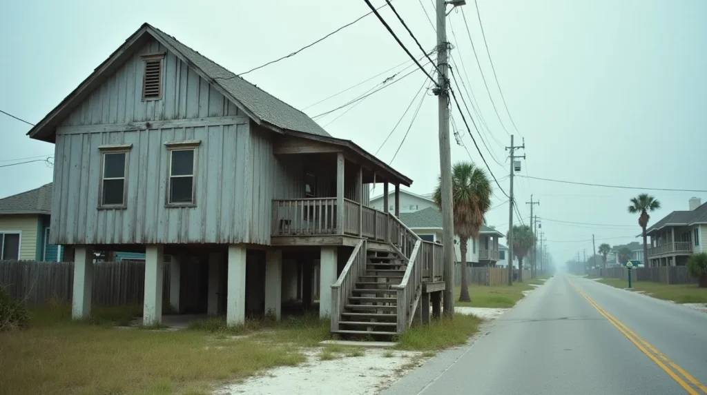 Weathered beach house on concrete pilings along a quiet Gulf Coast street in Galveston Texas