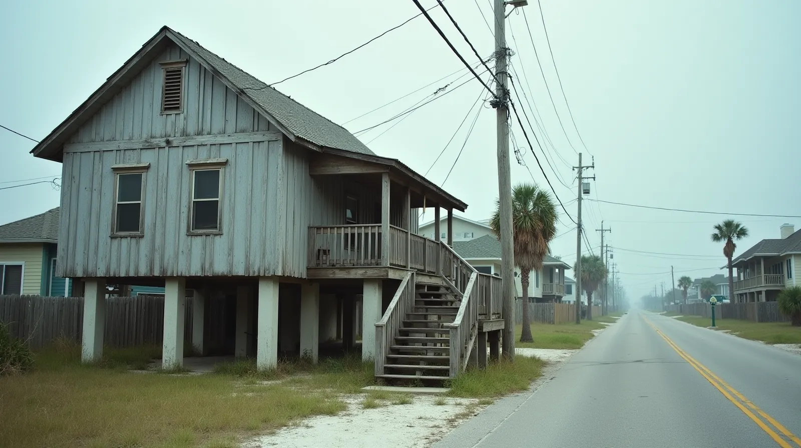 Weathered beach house on concrete pilings along a quiet Gulf Coast street in Galveston Texas