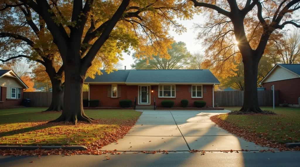 1960s brick ranch house on a residential street in Goodlettsville Tennessee in early autumn