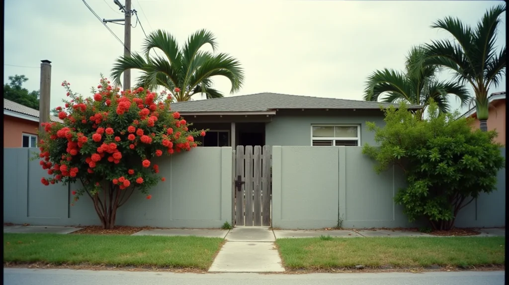 Concrete block stucco home with flat roof in Hialeah Florida, bougainvillea on fence wall and queen palms near a drainage canal under overcast sky