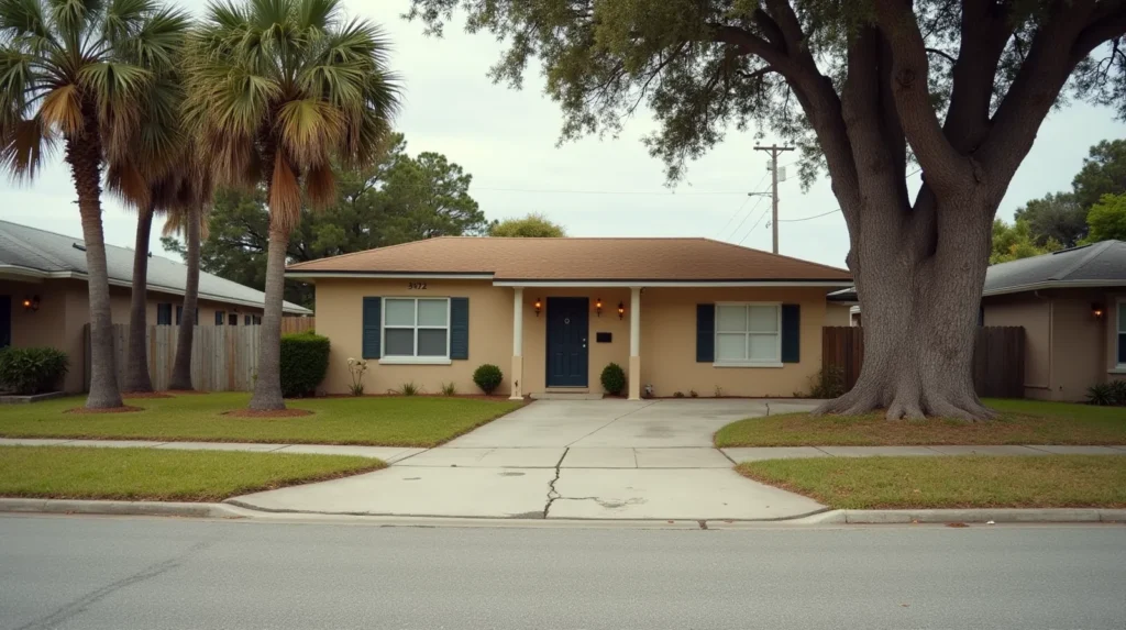 Single-story stucco ranch house on a quiet Port St. Lucie street, sabal palms and live oak casting afternoon shade over a weathered concrete driveway