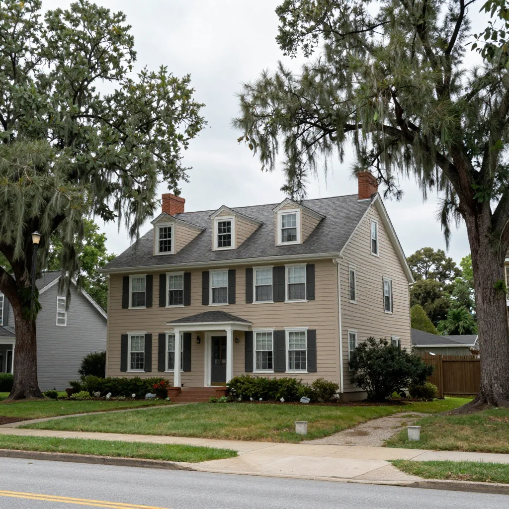 Tan vinyl-sided colonial house on a quiet suburban street in Virginia Beach with mature loblolly pines and an overcast sky