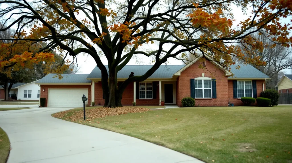 Brick ranch home with mature oak tree in autumn, quiet suburban street